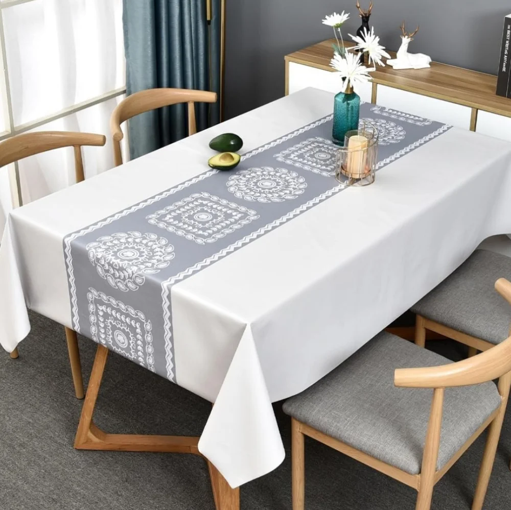 New TruDelve Premium  Rectangle Soft Gray/White Vinyl Waterproof Tablecloth